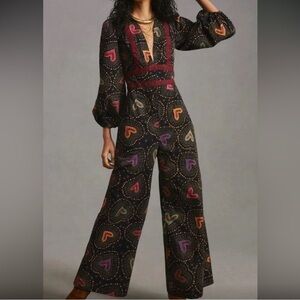 FARM Rio Black and Red Floral Jumpsuit Wide-Leg Design